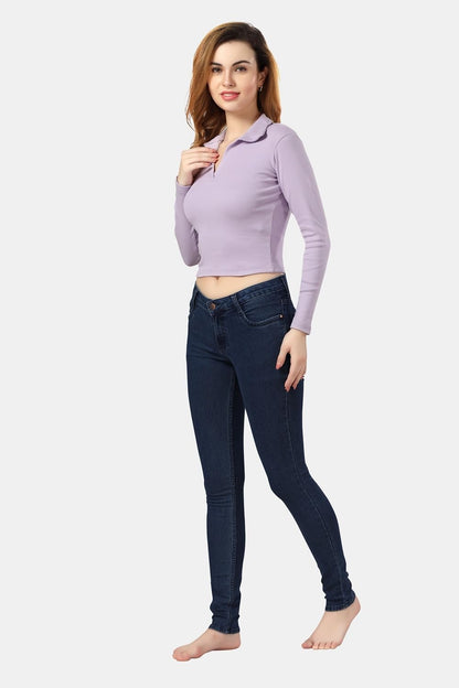 Fabme WomenS Full Sleeves, Collar Rib Top - Lavender