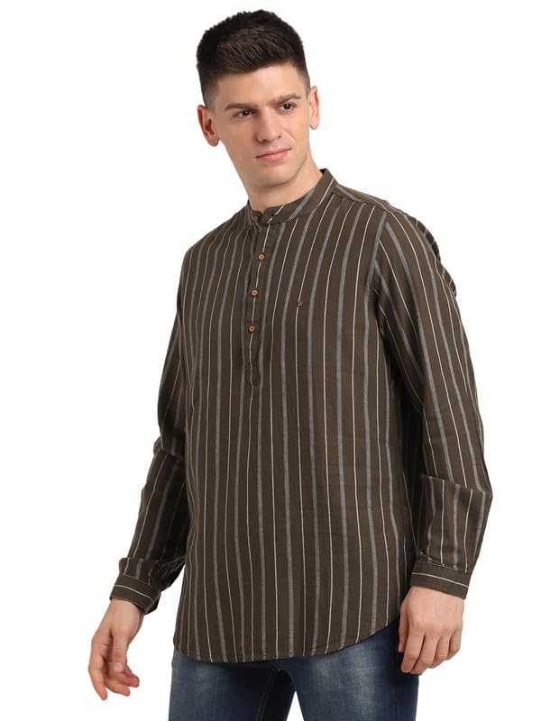 Turtle Men 100% Cotton Stripe Full Sleeve Casual Brown Kurta Shirt