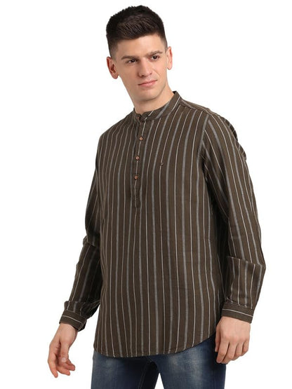Turtle Men 100% Cotton Stripe Full Sleeve Casual Brown Kurta Shirt