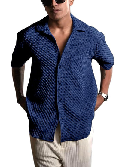 Pinkmint Bubble Textured Shirt for Men ll Half Sleeve Stylish Button Down Shirts ll Mens Pocket Shirt (Pack of 1) Navy Blue