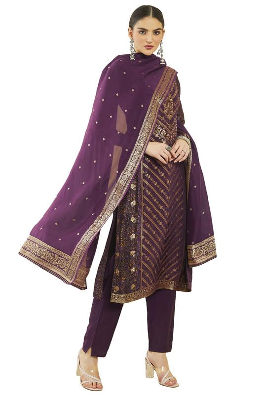 Soch Womens Wine Brocade Floral Print And Zari Woven Suit Set With Dupatta