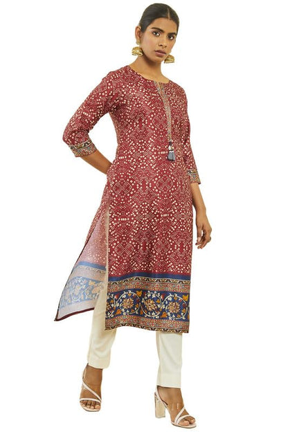 Soch Womens Maroon Satin Bandhani Print Kurta with Tassels