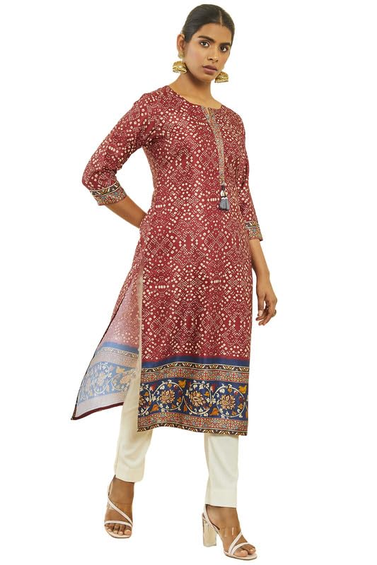 Soch Womens Maroon Satin Bandhani Print Kurta with Tassels