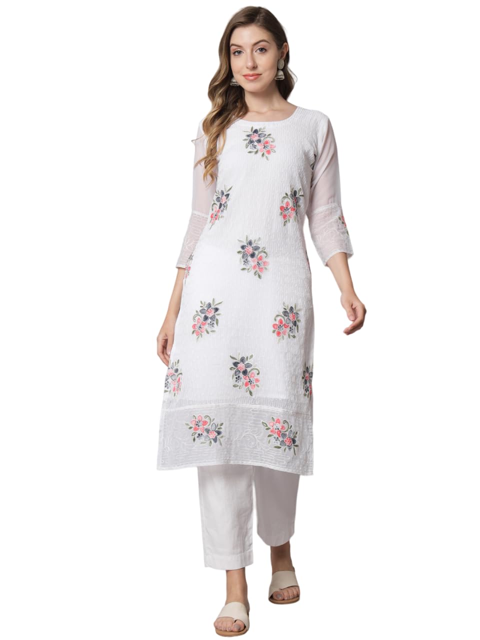 Ekasya WomenS Georgette Straight Cut Round Neck Kurta With Beautiful Floral Embroidery Work - Elegant Design, Comfortable Fit,