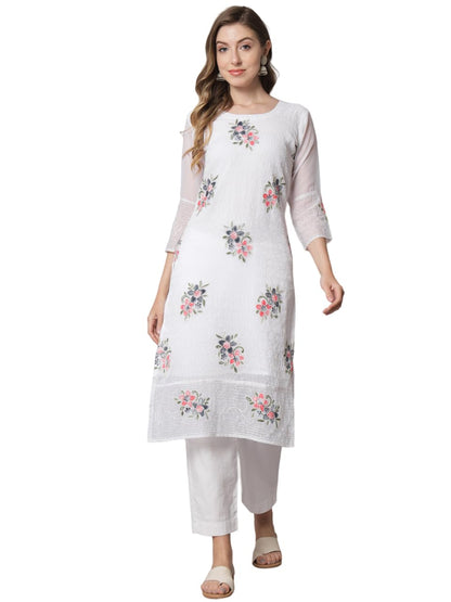 Ekasya WomenS Georgette Straight Cut Round Neck Kurta With Beautiful Floral Embroidery Work - Elegant Design, Comfortable Fit,