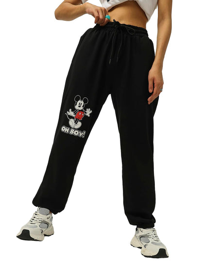 Bewakoof Women Oversized Graphic Print Black Terry Joggers