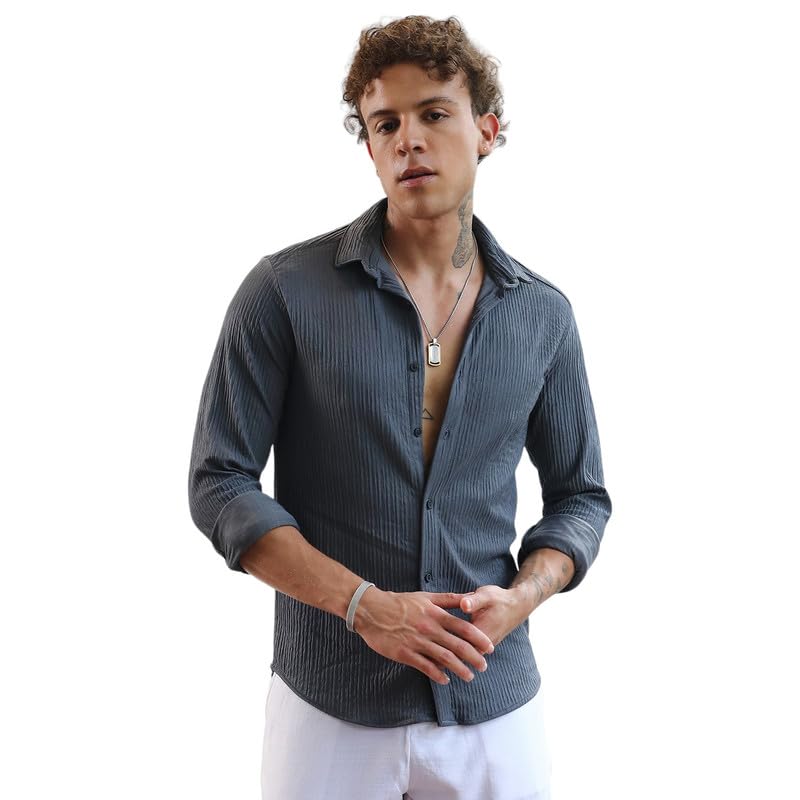 Campus Sutra Mens Powder Grey Solid Creased Shirt | Casual Wear | Spread Collar | Long Sleeve | Button Closure | Shirt Crafted