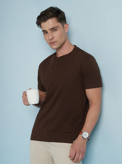 Dennis Lingo Men Cotton-Slub Regular Fit Solid T-Shirts Brown