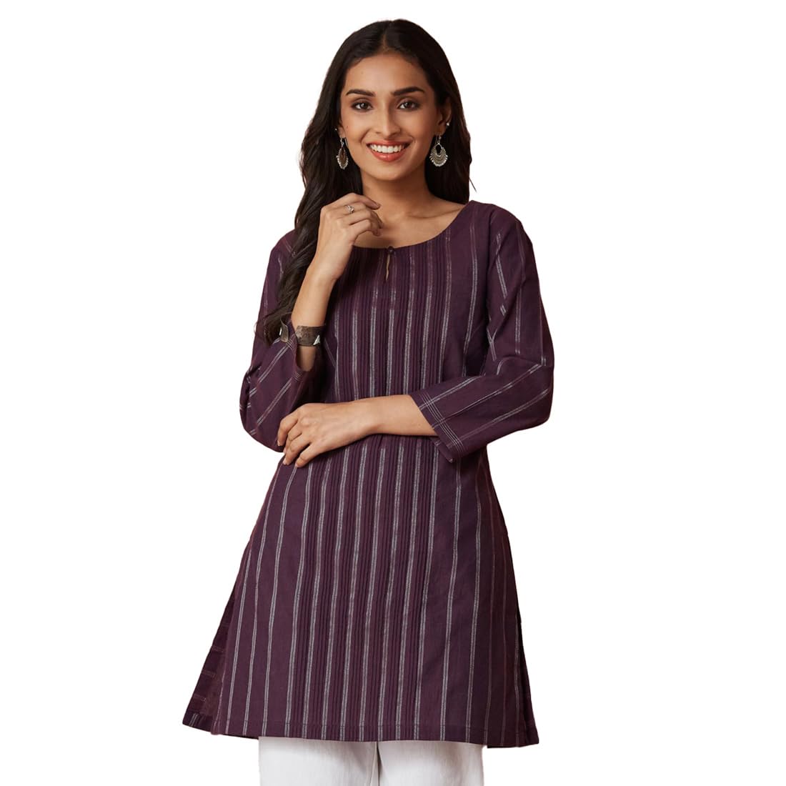 Fabindia WomenS Cotton Blend Striped Regular Kurta (1039394Purple_Purple