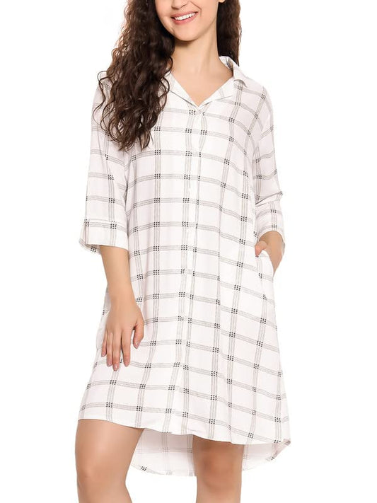 Clovia Womens Rayon Classic Checks Button Down Sleep Shirt (NS1392F18_White_S)