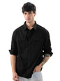 The Souled Store Solids: Mystic Black Men and Boys Long Sleeve Collared Neck Button Front Solid Regular Fit Cotton Utility Shirt
