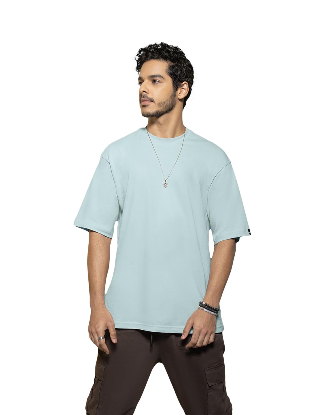 Bewakoof Mens Solid Bird Egg Green Round Neck Half Sleeve Oversized T-Shirt