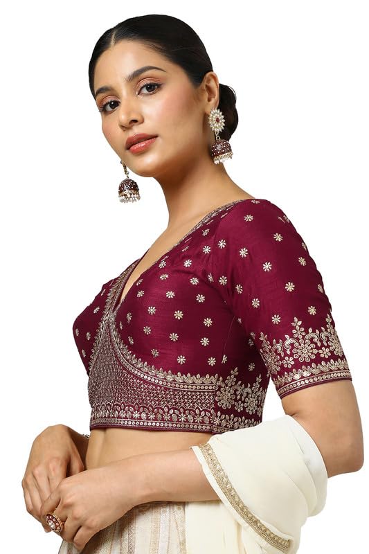 Soch Womens Maroon Tussar Embroidered Padded Blouse With Sequins