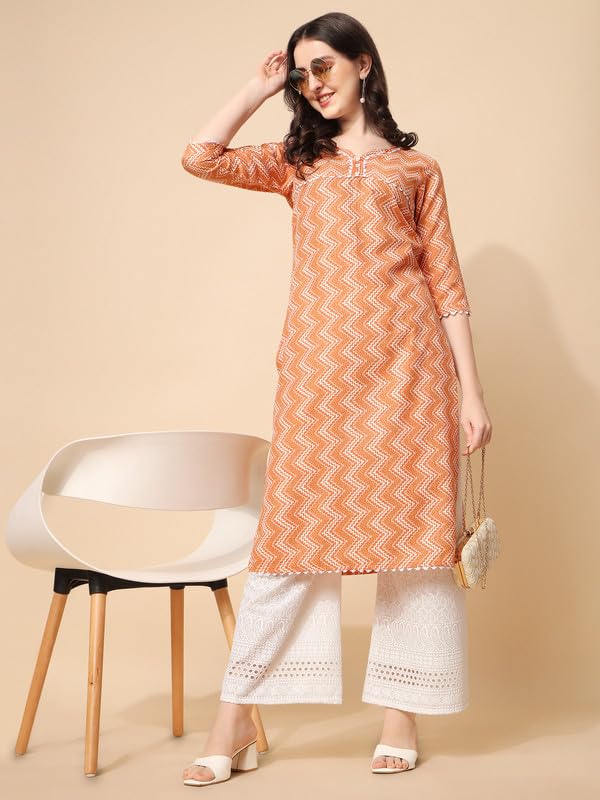 Nainvish Womens Cotton Blend Straight V-Neck Printed Kurta (Sd421_K-M._Orange)