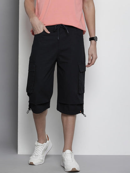 The Indian Garage Co Men Relaxed Fit Solid Mid-Rise Cargo Bermuda Shorts Navy