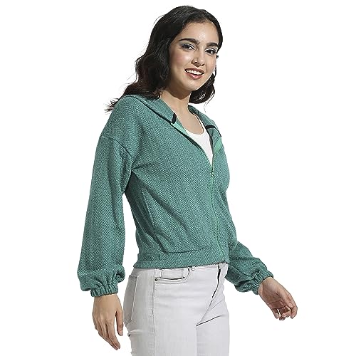 Campus Sutra Womens Cotton Teal Green Zip-Front Chevron Hoodie with Elasticated Hem for Casual Wear|Hood Neck|Long Sleeve|Zip C