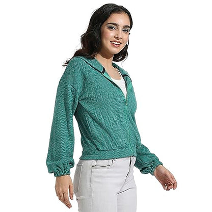 Campus Sutra Womens Cotton Teal Green Zip-Front Chevron Hoodie with Elasticated Hem for Casual Wear|Hood Neck|Long Sleeve|Zip C