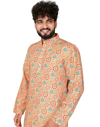 Lookmark MenS Cotton Blend Printed Kurta With Full Sleeves Ankle Length Orange Color And Button Closer - Suitable For All India