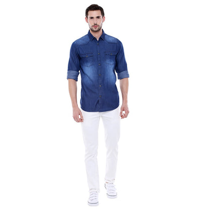 Dennis Lingo MenS Denim Dark Blue Solid Slim Fit Full Sleeves Spread Collar Casual Shirt
