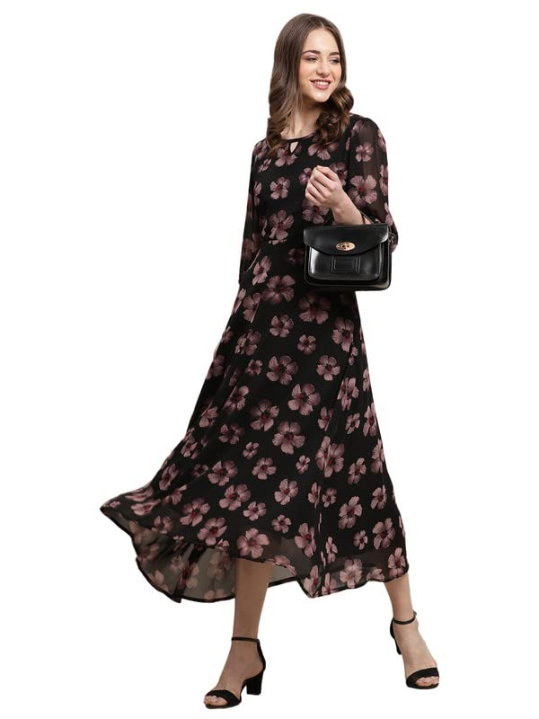 Preneum WomenS Maxi Fit & Flare Latest Style Print Georgette Regular Sleeves Casual Maxi Dress || Summer Dress Festival & Occas