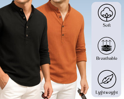 Deelmo Combo Of MenS Cotton Blend Solid Regular Fit Full Sleeve Short Kurta | MenS Trendy Short Kurta Pack Of 2 Black - Orange