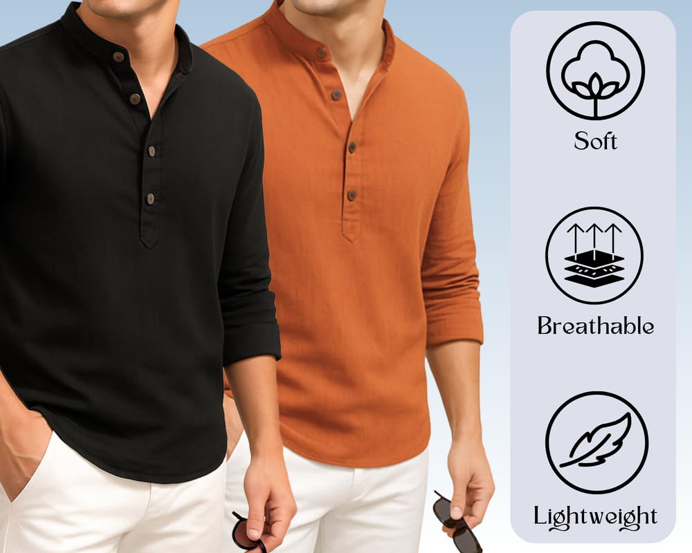 Deemoon Combo Of MenS Cotton Blend Solid Regular Fit Full Sleeve Short Kurta | MenS Trendy Short Kurta Pack Of 2 (Available In