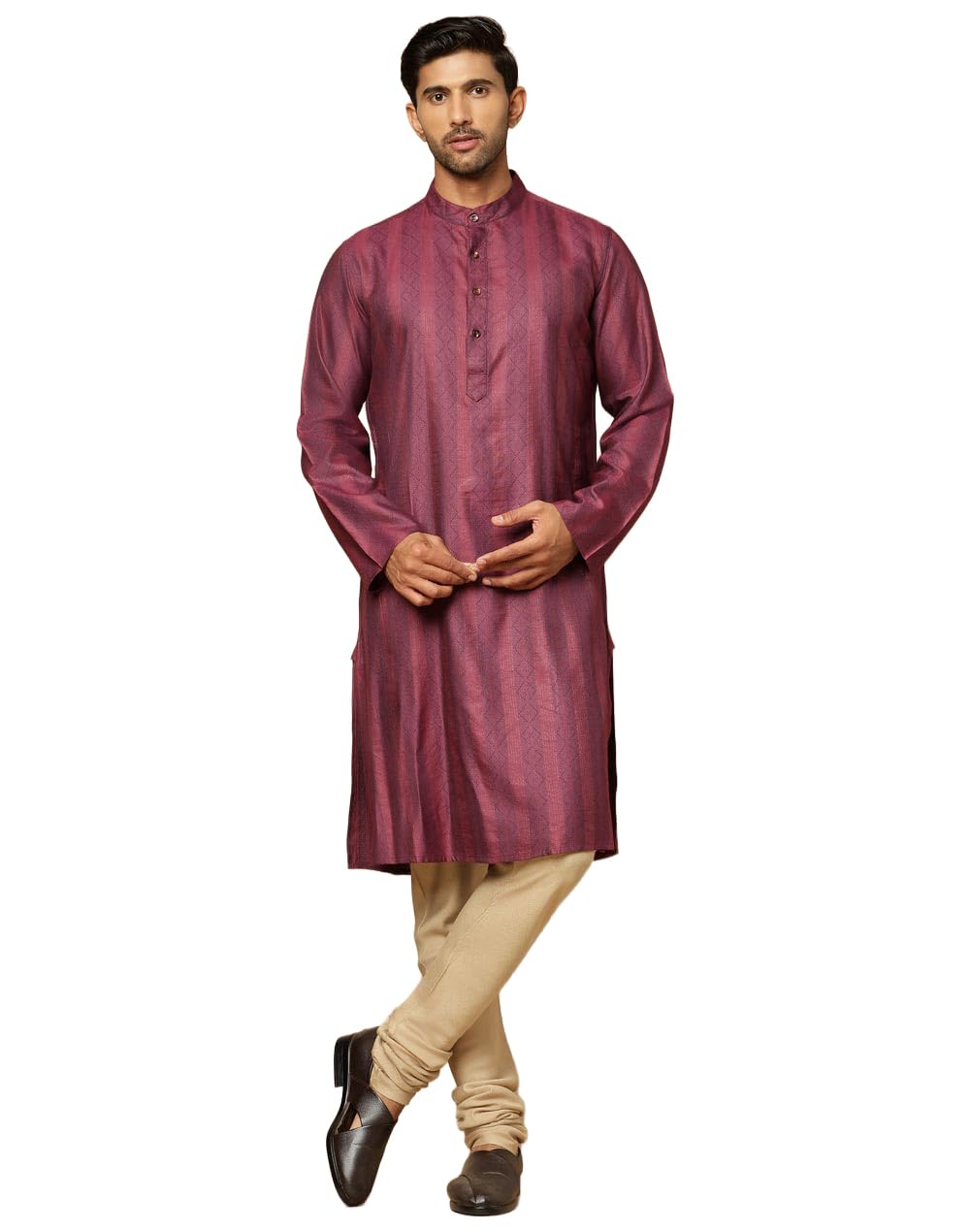 Fabindia Men's Purple Viscose Blend Dobby Slim Fit Long Kurta