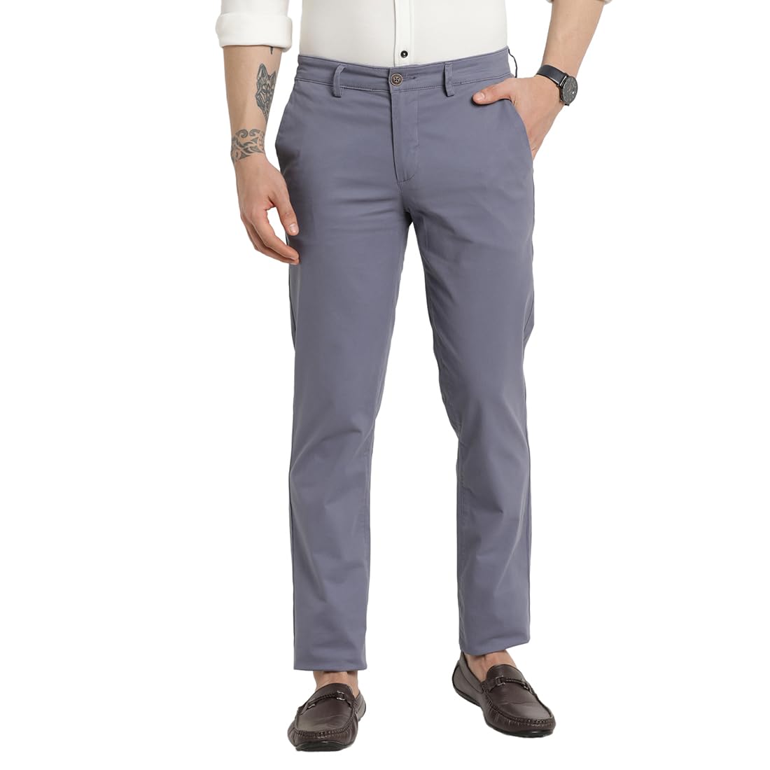 Turtle Men Cotton Stretch Ultra Slim Fit Steel Grey Casual Trouser