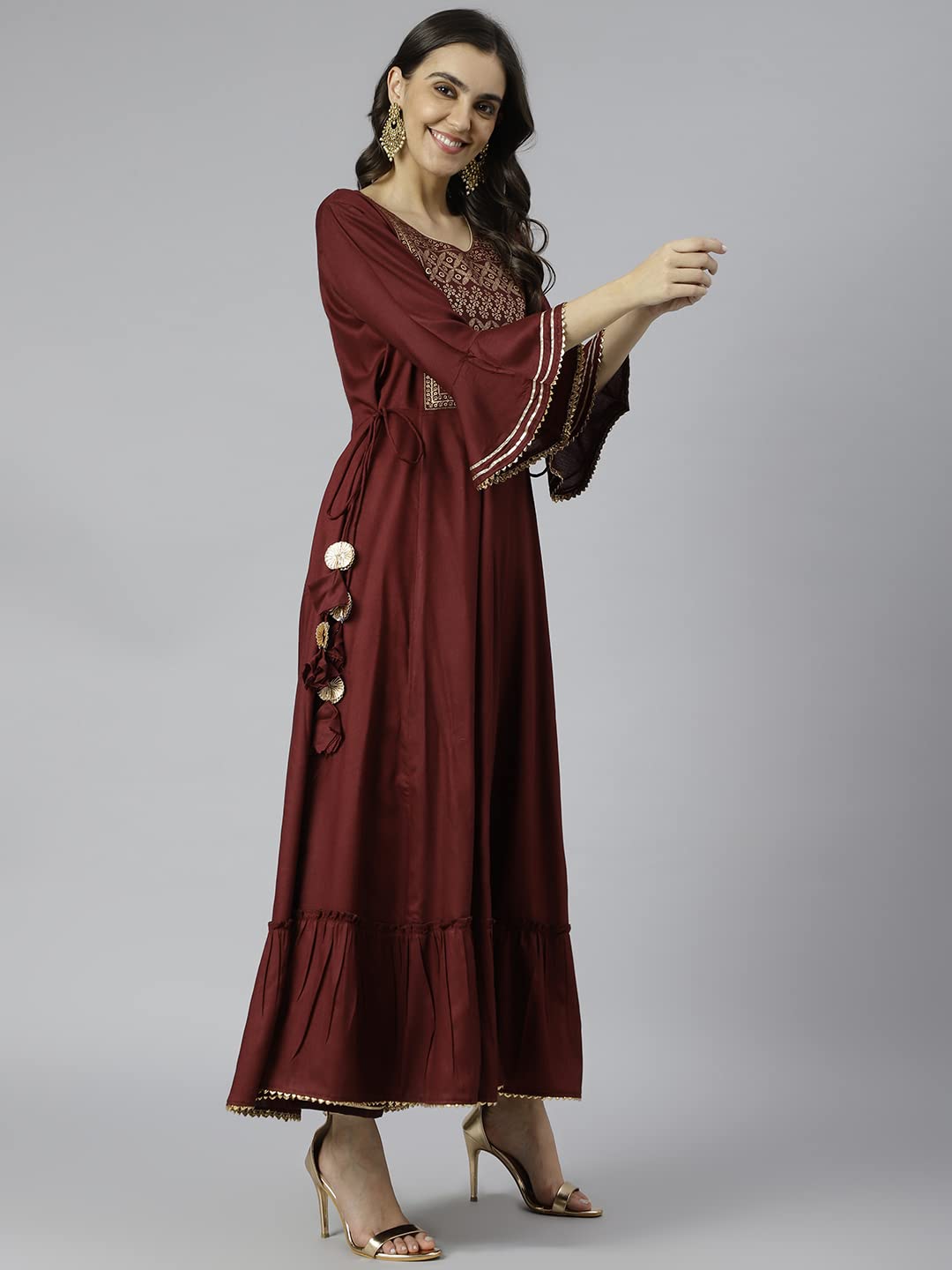 GoSriKi Women's Cotton Blend Anarkali Solid Kurta (Gheru_New-GO)