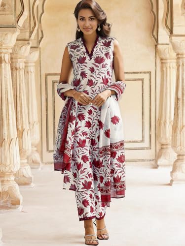 Shienzy WomenS Printed Cotton Blend Sleeveless V-Neck Kurta Pant Dupatta Set || Stylish Indo-Western Kurti For Wedding, Festive