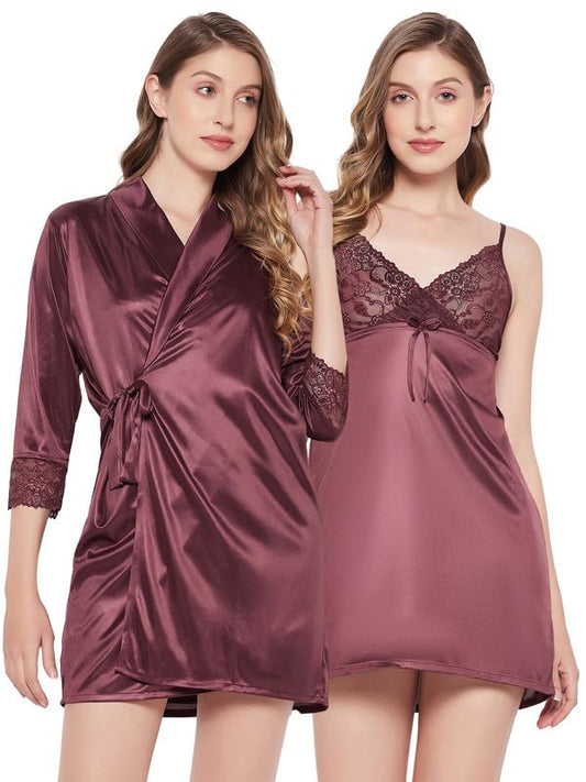 Clovia WomenS Satin Solid Short Babydoll Dress & Robe (Ns5200P06_Brown_Xl)
