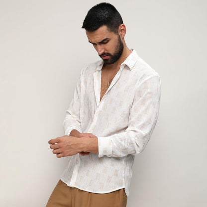 Campus Sutra Mens Chalk White Foil-Pleated Shirt for Casual Wear | Spread Collar | Long Sleeve | Button Closure | Shirt Crafted