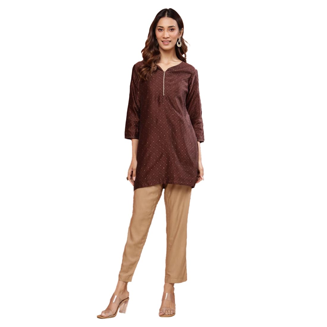 Fabindia Brown Cotton Silk Hand Block Printed Short Kurta