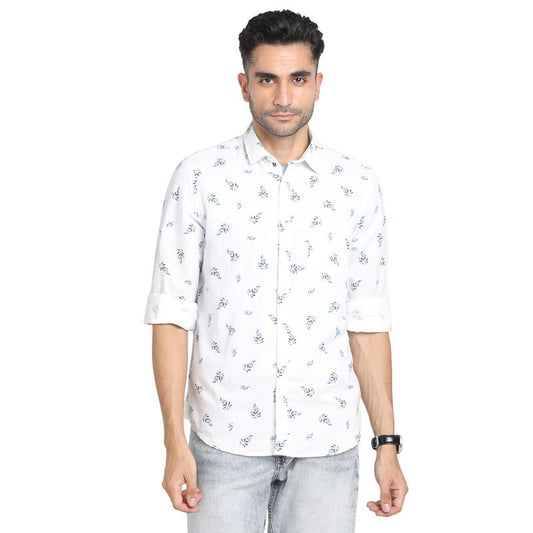 Turtle Men Cotton Linen White Printed Slim Fit Full Sleeve Casual Shirt