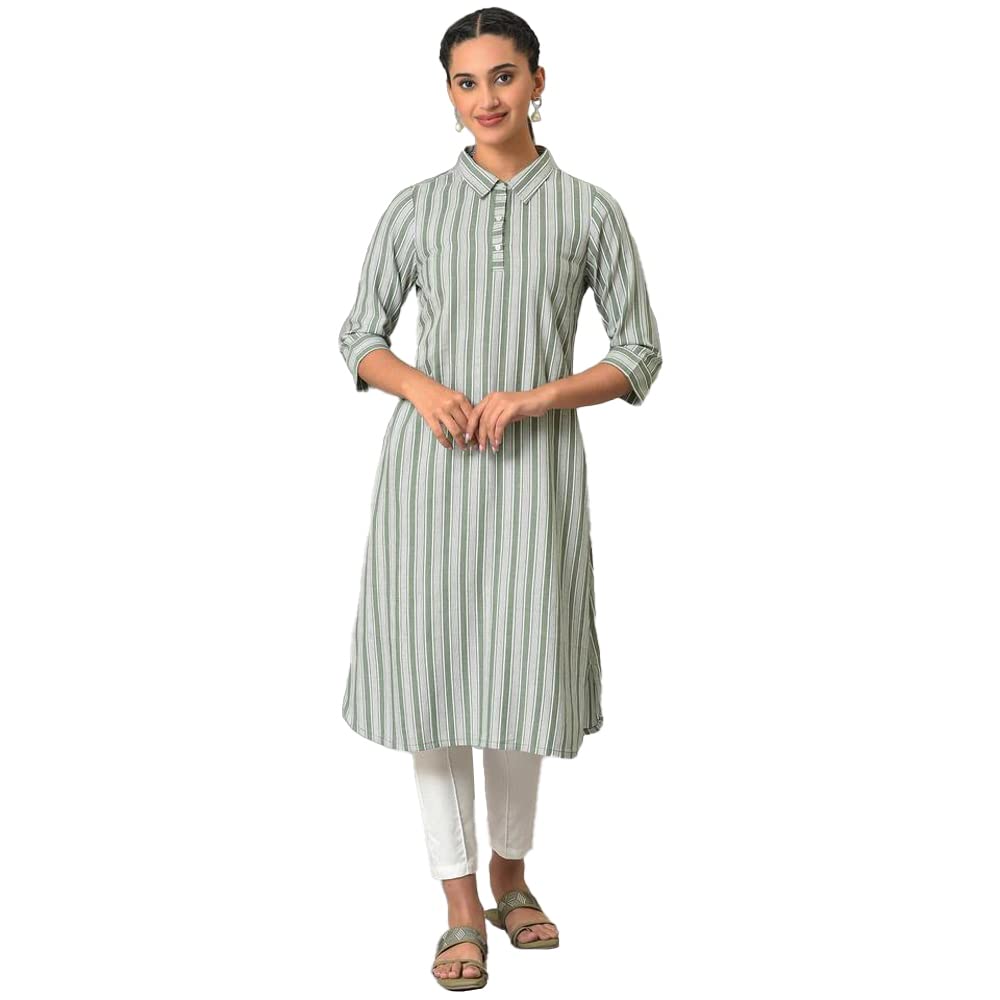 Green Stripe Print Shirt Collar Kurta