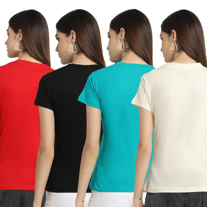 Preneum Womens Cotton Regular Fit Latest Graphic Stylish Printed Short Sleeves Casual T-Shirt || Trendy & Style (Pack 4), Red &