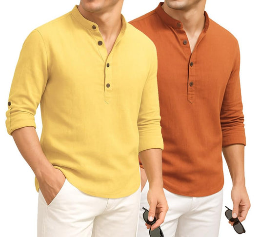 Deelmo Combo Of MenS Cotton Blend Solid Regular Fit Full Sleeve Short Kurta | MenS Trendy Short Kurta Pack Of 2 Yellow - Orang