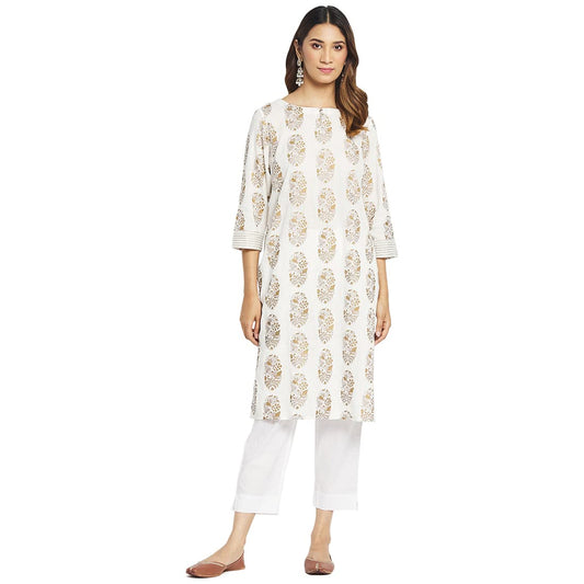 Fabindia Off White Cotton Printed Knee Length Kurta