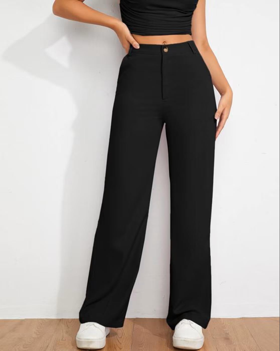 Toochki Women Straight Fit Spandex Blend Solid Trousers Black