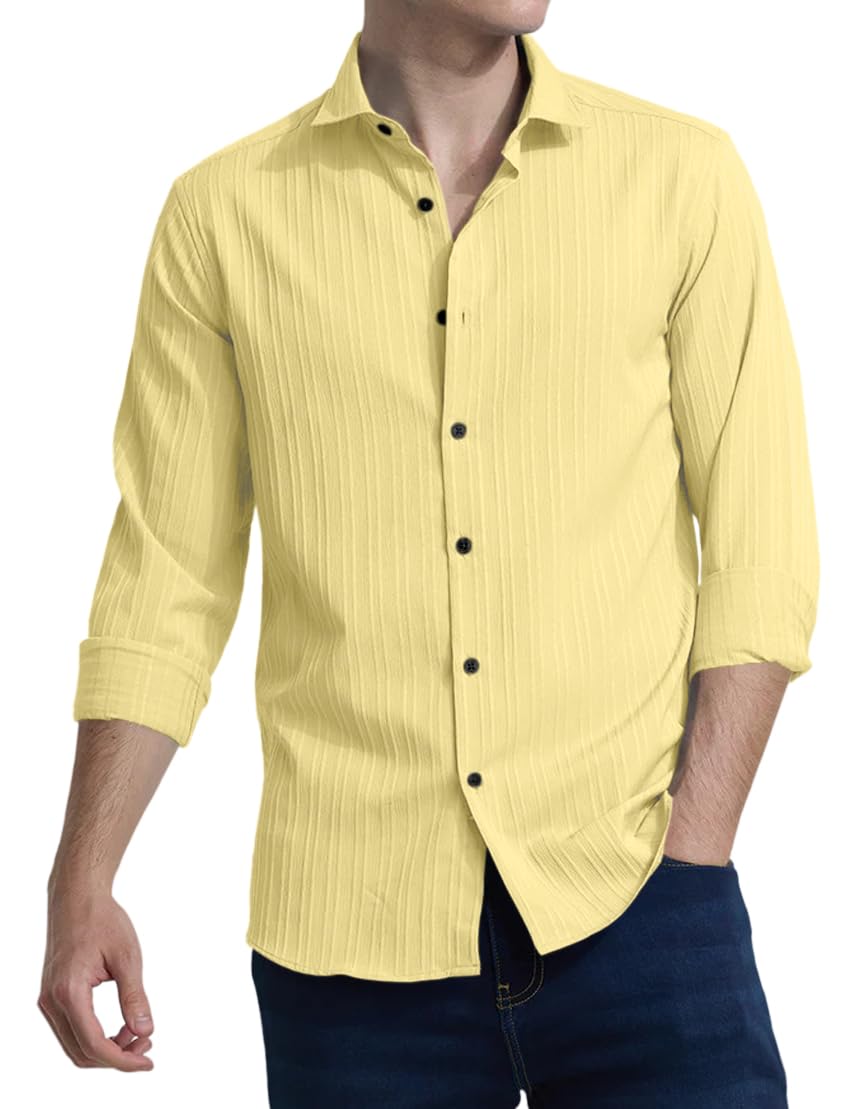 Finivo Fashion MenS Casual Cotton Plain Button Down Shirts Full Sleeve Textured Summer Beach Shirt For Men Yellow