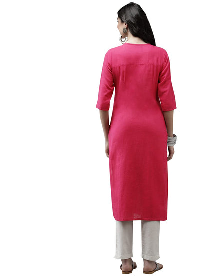 ishin Women's Cotton A-Line Embroidered Beads and Stones Floral Print Pink Kurti