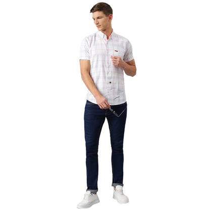 Thomas Scott Mens Checkered Slim Fit 100% Cotton Casual Shirt with Button Down Collar and Half Sleeve White