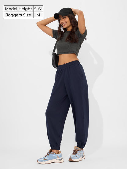 The Souled Store Solids: Navy Blue Women and Girls Pull On Cotton Joggers