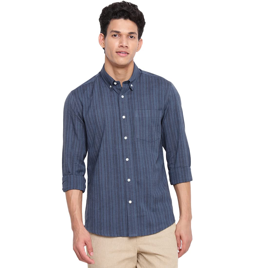 Fabindia Men Cotton Striped Slim Fit Shirt Navy_Xl