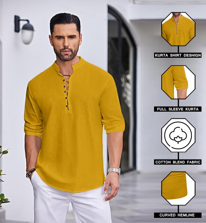 Macsivo MenS Stylish Mandarin Collar Kurta | Casual Ethnic Fusion Shirt For Daily, Party & Travel | Full Sleeves | Cotton Polye
