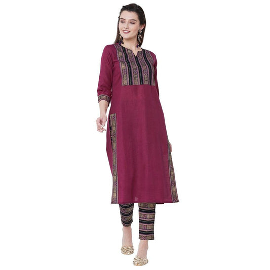 GoSriKi Women's Cotton Straight Kurta with Trousers (Ziya-Wine__)