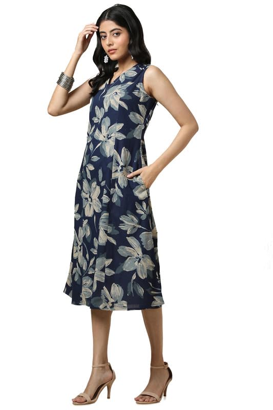 Soch Womens Indigo Cotton Slub Floral Print Dress