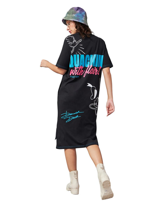 Bewakoof WomenS Graphic Print Oversized Fit Half Sleeve Round Neck Cotton T-Shirt Dress_614067_Black_Xs