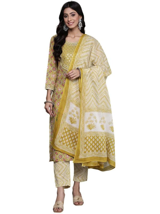 Varanga Women Lime Green Colored Printed Embroidered Kurta with Straight Pant and Dupatta