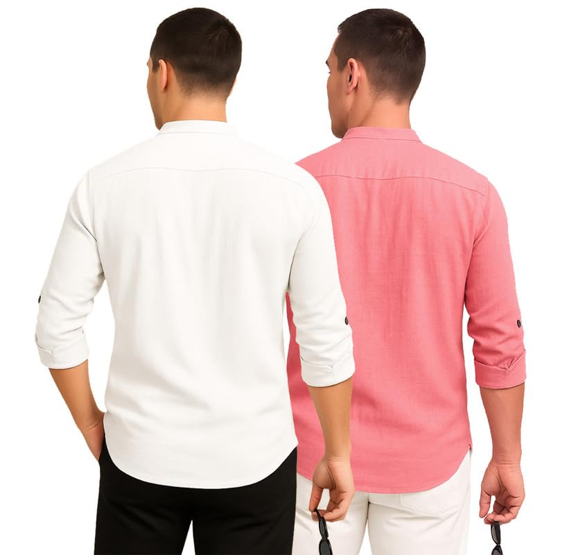 Deelmo Combo Of MenS Cotton Blend Solid Regular Fit Full Sleeve Short Kurta | MenS Trendy Short Kurta Pack Of 2 White - Peach